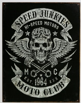 Speed Junkies Moto Club Tin Metal Sign Skull and Pistons Motorcycle Race Car Gar
