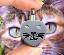 Cat Face Cremation Jewelry Pendant Urn 4 Ashes Memorial Gift Kitty Crystal Eyes