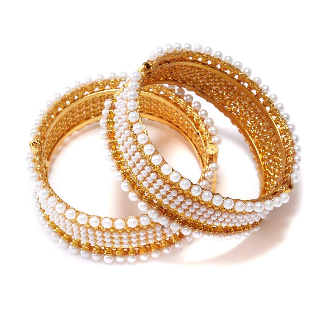 Gold Plated Traditional Pearl Studded Openable Bracelet Bangles For Women Girls