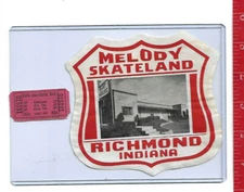 vintage lot roller rink decal Melody Skateland Richmond Indiana & ticket 