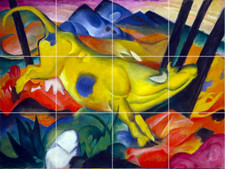 Happy Yellow cow farm animals in garden colorful ceramic tile mural backsplash