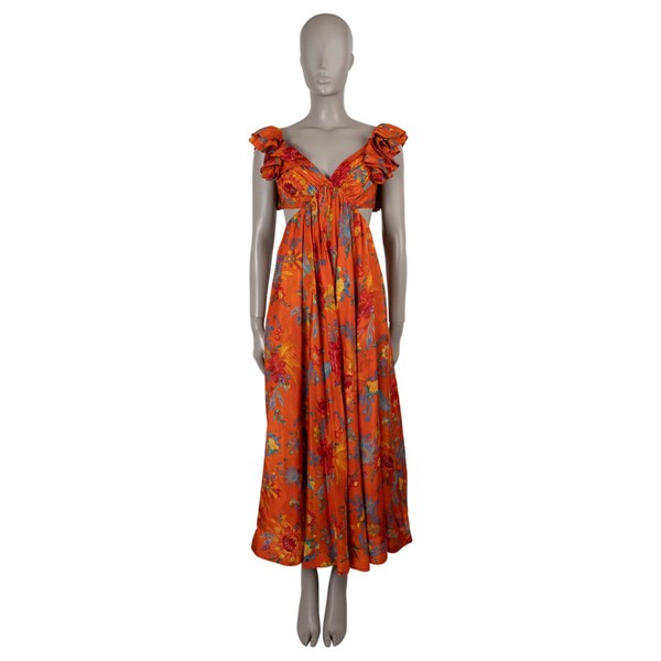 73267 authentisches ZIMMERMANN Maxikleid orange Leinen 2023 Ingwer Rüschen Blumen 0 XS