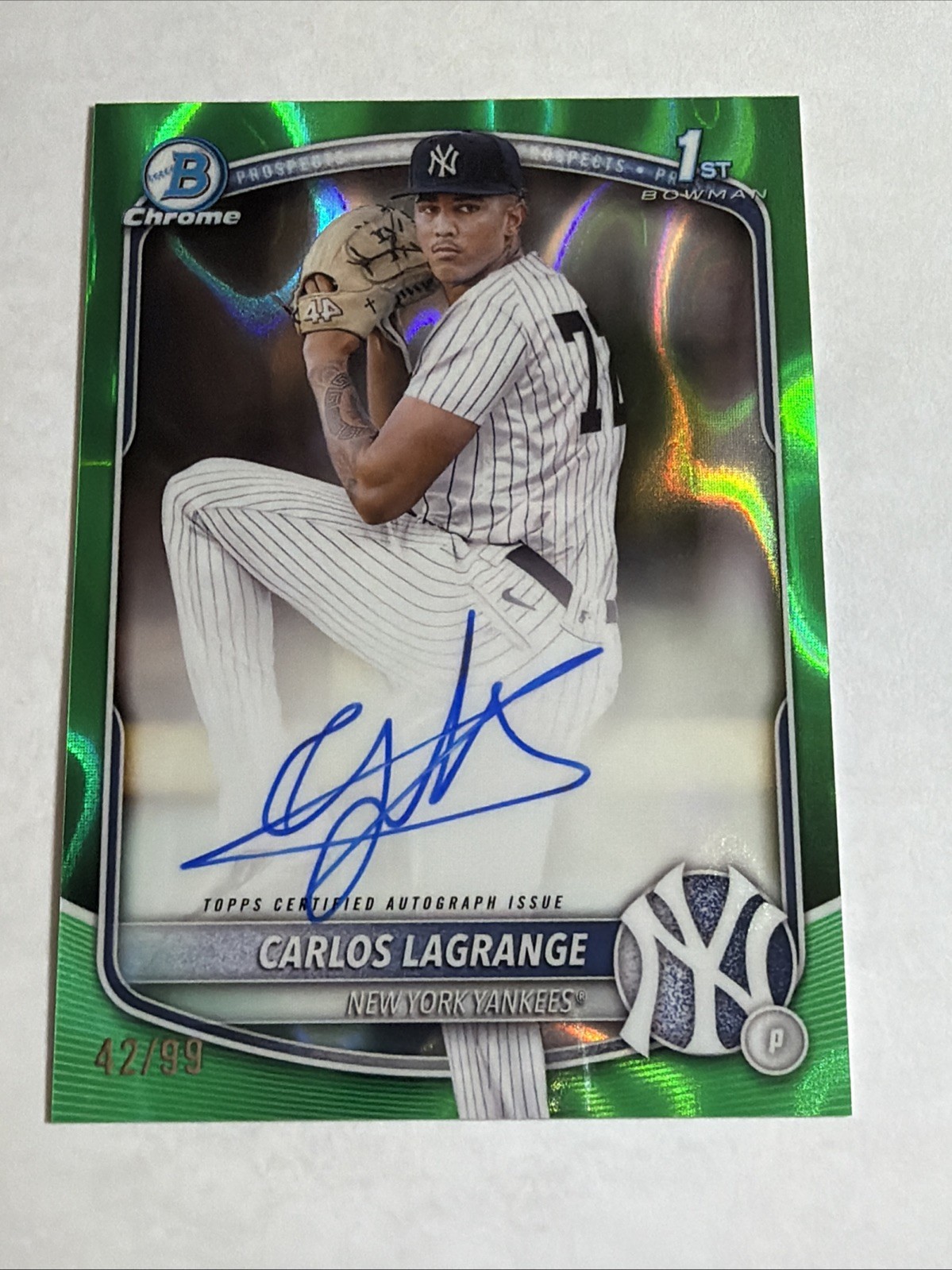 2025 1st Bowman Chrome Green Lava Ref Carlos Lagrange Auto 42/99 RC SP Yankees