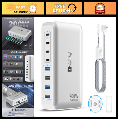 200W Multi-Device Charging Station, 8-Port USB C Fast Charger Hub, 65W GaN Adapt