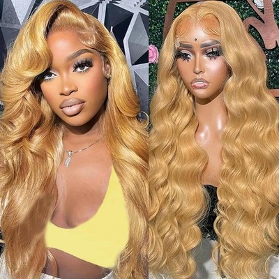 Jewhaut 32'' Wig Human Hair 13x6 HD Body Wavy Soft 27# Honey Blonde Lace Front