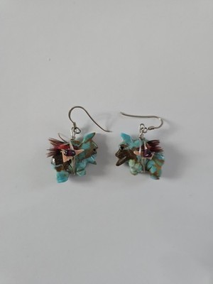 Native American Carved Turquoise Fetish Bear Earrings With Feathers 