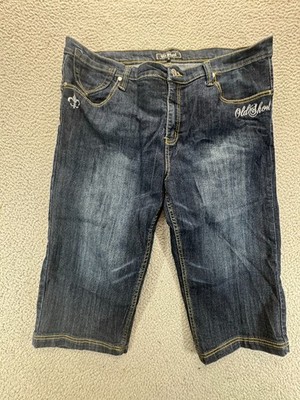 Old Skool Womens Y2K Hip-Hop Embroidered Baggy Shorts Blue Size 16
