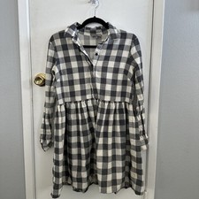 Asos Gingham Smock Shirt Dress Womens Size 8 Gray Ivory Check Collared Stains