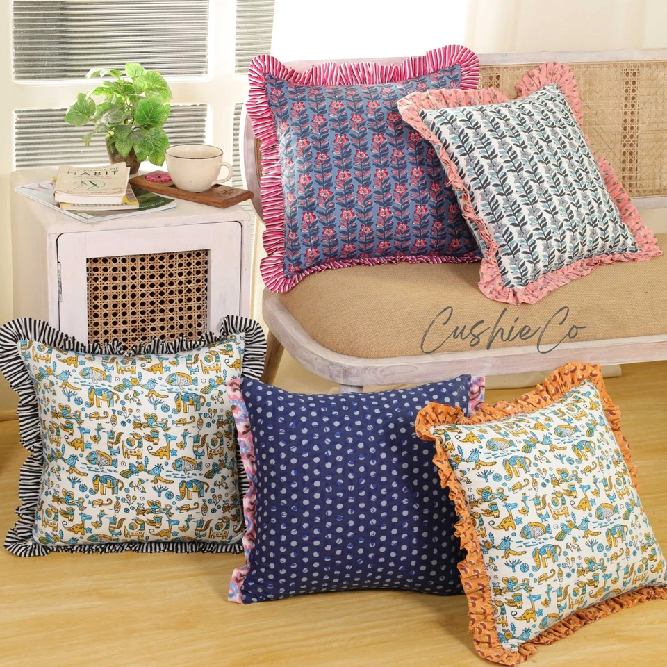 Almohadas decorativas de sofá boho de algodón con estampado de bloques hechas a mano, lote surtido funda de cojín Foto 4 de 4