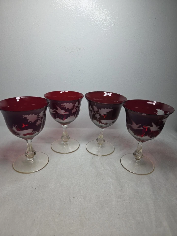 Beautiful Set Of 4 Ruby Red Cocktail Glasses With Etched Scenery  - Image 3 of 4