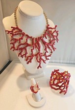 KENNETH JAY LANE *Rare* 3-Piece Red Enamel Coral Bib Necklace, Cuff & Ring WOW!