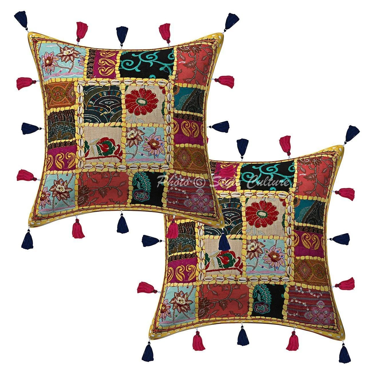 Ethnic Cotton Throw Pillow Covers Patchwork Cowry Tassels Yellow Floral 40x40 cm