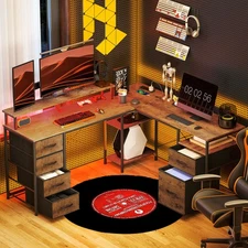 66" L Shaped Desk with File Drawer, 105" Two Person Desk, Rustic Brown