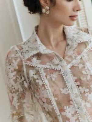 NWT Anewsta Shein Sheer Floral Blouse Women s Size Small Pom Pom Trim