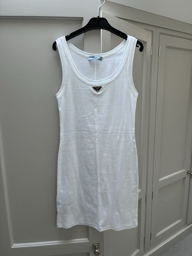 Prada Logo Plaque White Jersey Vest Dress 36 XS S