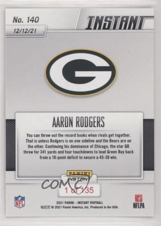 2021 Panini Instant NFL /135 Aaron Rodgers #140 - Image 2 of 2