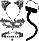 4 Pieces Cosplay Party Black Cat Costume Set - Lace Ears Headband, Tail, Masquer