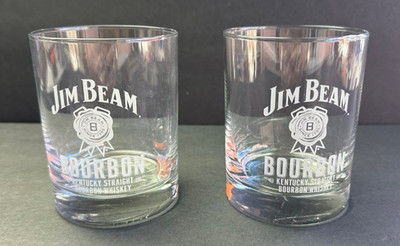 Set of 2 Vtg Jim Beam Bourbon Whiskey Logo Bar Glasses Tumblers Low Ball Rocks