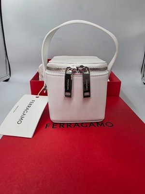 SALVATORE FERRAGAMO Mini Shoulder Bucket Bag  2 Zippered White w/silver Hardware