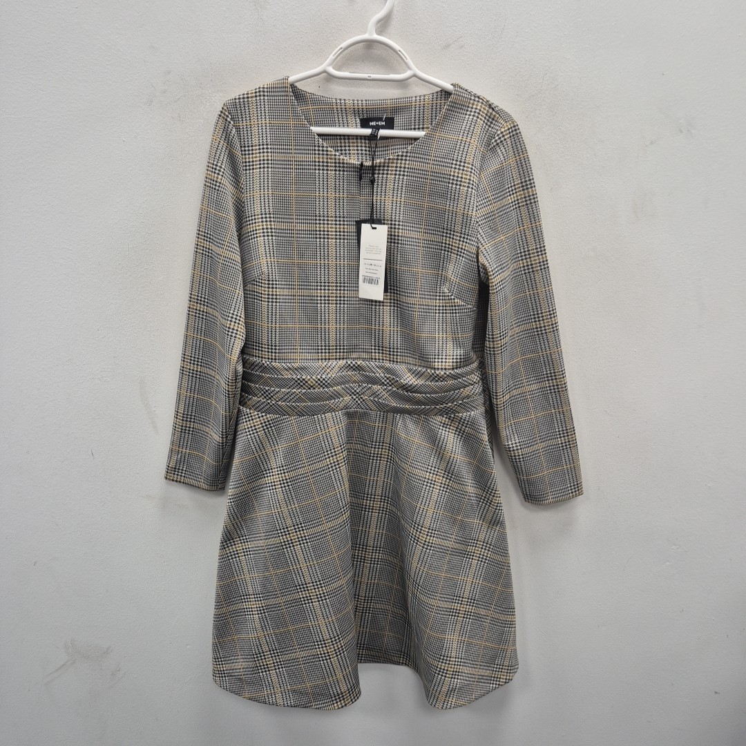 ME+EM Grey Yellow Plaid Short Bias Panel Elegant Short Dress Size