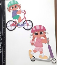 Lot of 2 Girls Riding Scooter Bicycle Summer SINGLE LAYER Embellishments 476