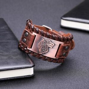 Wide Wolf Leather Bracelet Men Punk Braided Rope Bangle Male Wristband  Viking | eBay