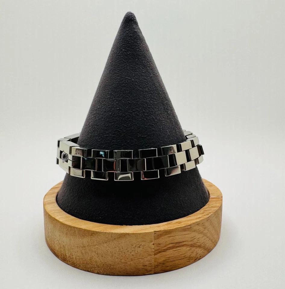 Brazalete de eslabones de acero inoxidable para hombre con circonita cúbica tono plata pesado Foto 4 de 4