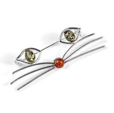 Cat Brooch in 925 Sterling Silver Amber Statement Pin Kitten Gifts for Women
