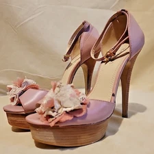 BAKERS Florintina Women Pink Ankle Strap Floral Open Toe Leather Stilleto 7M