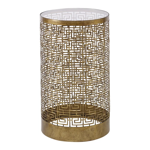 Luxe Gold Greek Key Fretwork Cage Accent Table | Round Drum Open Modern Elegant - Picture 1 of 3