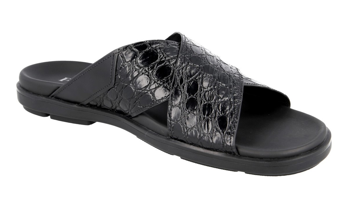 セール★PRADA★2X3058 PRADA Leather CROC Crisscross Sandals Slides 2X3058 Black