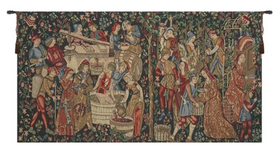 Belgian Woven Tapestry Medieval Wine & Feast Scene - Vendages Red-Decorative Art