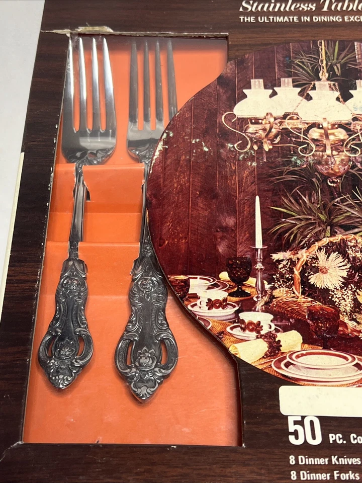 Service For 8 Oxford Hall stainless flatware Japan rare Kings Flower Heavy Thick - Image 3 of 4