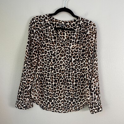 Express Womens XS Leopard Animal Print Button Up Shirt Blouse Roll Tab Sleeve