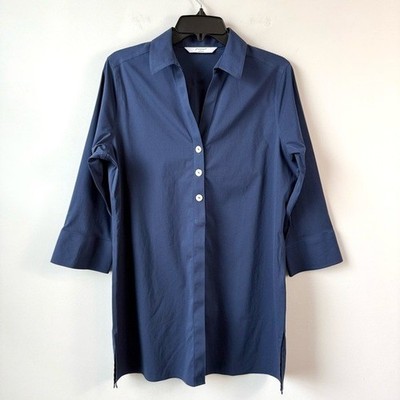 Foxcroft Pamela No Iron Stretch 3/4 Sleeve Tunic Navy Blue 8