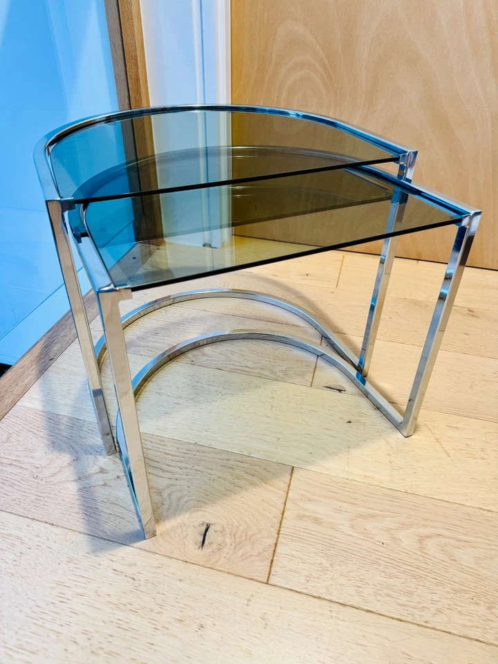 Two Italian Half Moon Smoked Glass & Chrome Nesting Tables by Vico Magistretti - Image 2 of 4