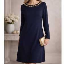 Vince Camuto NWT Navy Blue Gold Jeweled Neckline Sheath Shift Dress Size 14