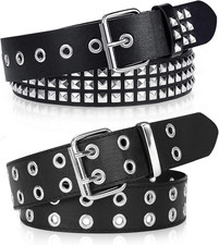 Black Studded Belt, 2 Pcs Y2K Belt Metal Punk Rock Double Grommet Belts with Bri