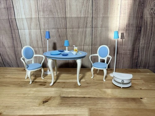 Vintage 1990s Barbie Dining Room Set Blue Table Chairs Food Lamps Matching