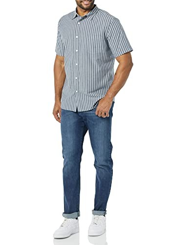 AMAZON ESSENTIALS MEN'S SLIM-FIT SHORT-SLEEVE POPLIN NAVY WHITE STRIPE M - Picture 3 of 5
