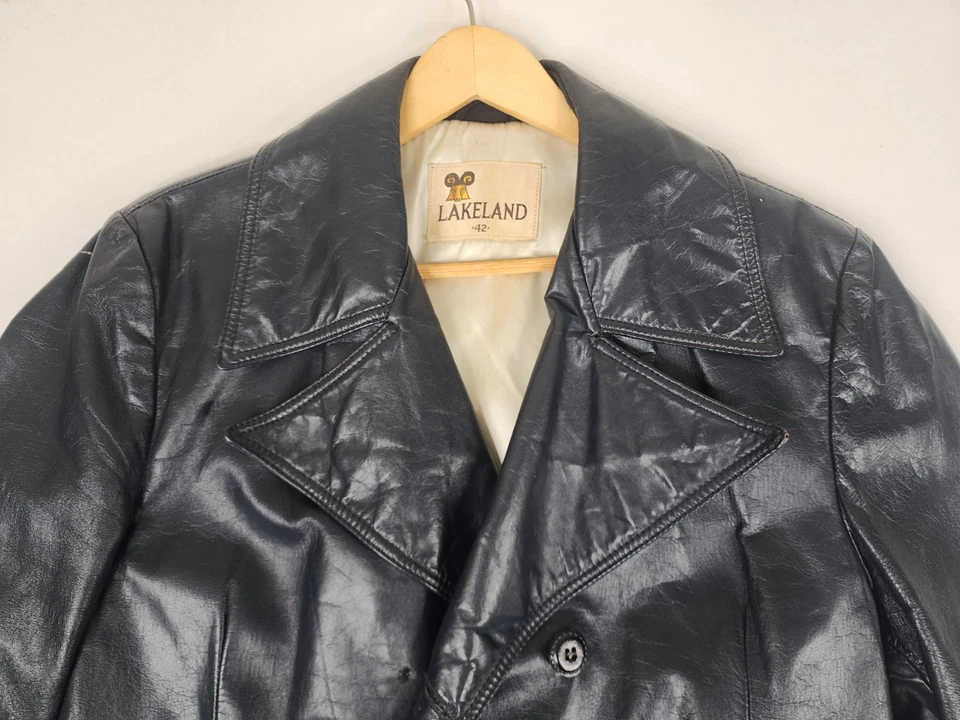 Vtg 70's Leather Jacket Coat Lakeland Double Breasted Belted Mens 42 Disco Mafia - Image 2 of 4
