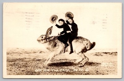 Giant Rabbit Rider RPPC - Exaggeration, Women Riding Giant Rabbit - Colorado PM, 1943 (Q61 ...
