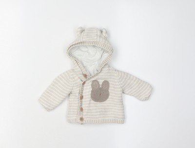 Matalan Baby Strickjacke Unisex Beige 0-3M Kapuze Gestreift Strick
