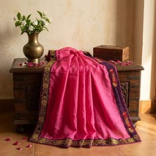 Sanskriti Vintage Sarees Georgette Pink Hand Beaded Craft Fabric Premium Sari