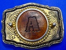 Custom Initial Letter A Embossed on Brown Leather Centerpiece Vtg. Belt Buckle