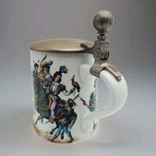 „Kaiser Porzellan W. Germany Bierkrug mit Zinndeckel – Reiterszene – Vintage...
