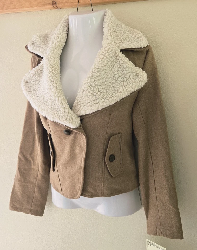 NWT Forever Audrey Women's Camel Wool Blend Faux Sherpa Moto Coat Jacket L XL - Image 2 of 4