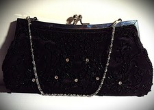 Black Satin Evening Clutch Beaded Rhinestone Floral Bag Purse Special Occasion