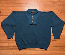 Vintage 90  s Eddie Bauer Knit Henley Sweater Blue Green Men  s Size Large Cotton