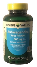 Spring Valley Ashwagandha Root Powder 500 mg 60 Capsules New Exp 1/28